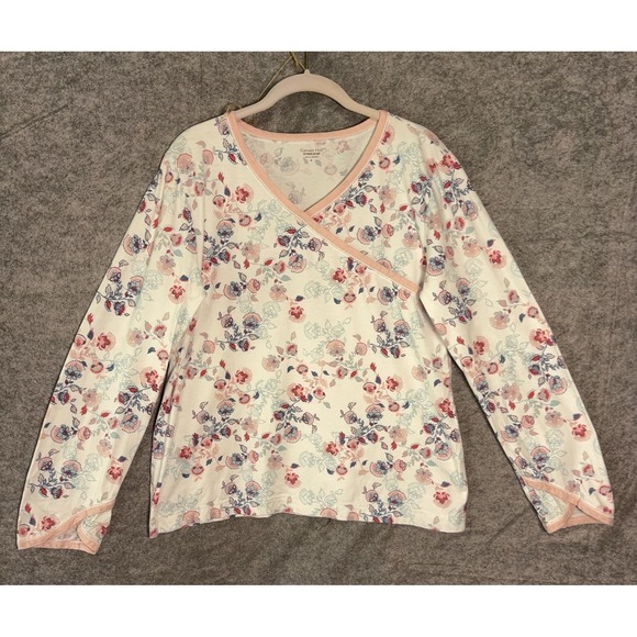 Garnet Hill Asian Wrap Pajama Set Womens Sz M White Floral Organic Lightweight - Picture 3 of 13